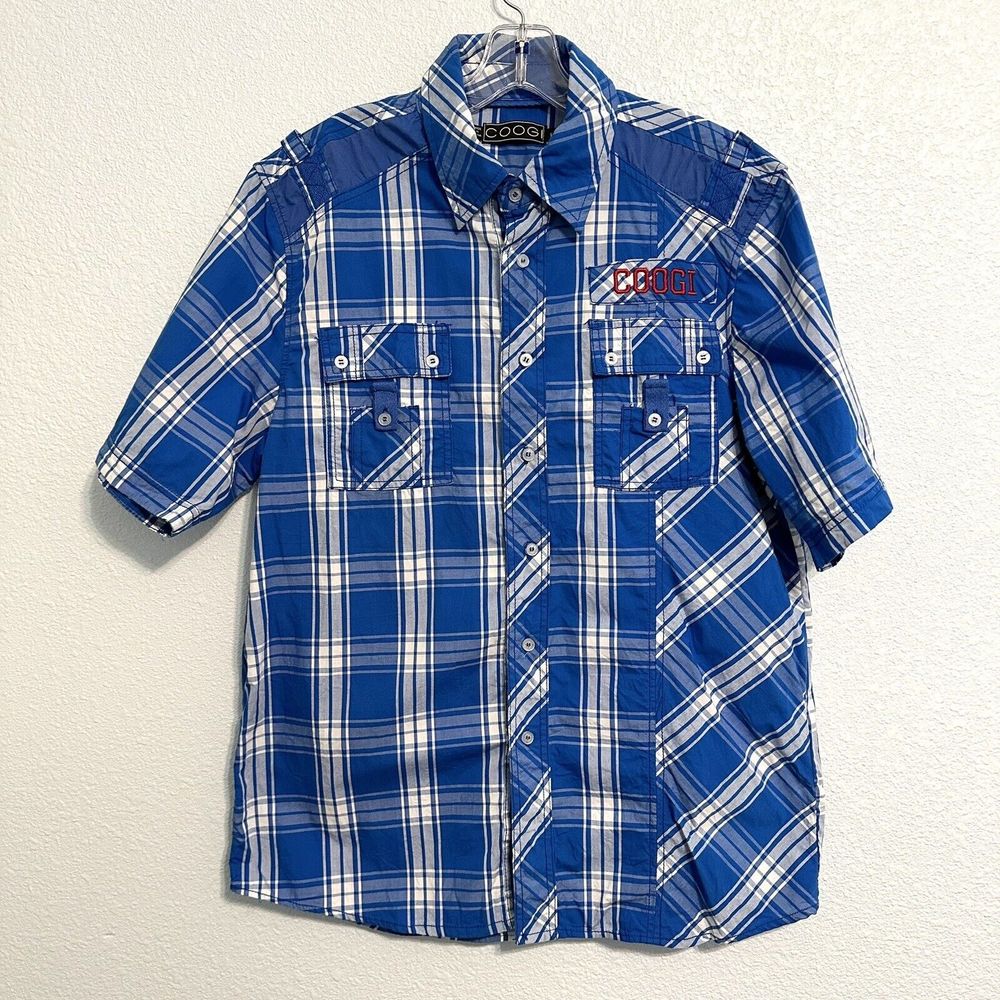 Coogi Shirt Men's Size Large Blue White Plaid Short Sleeve Button Down